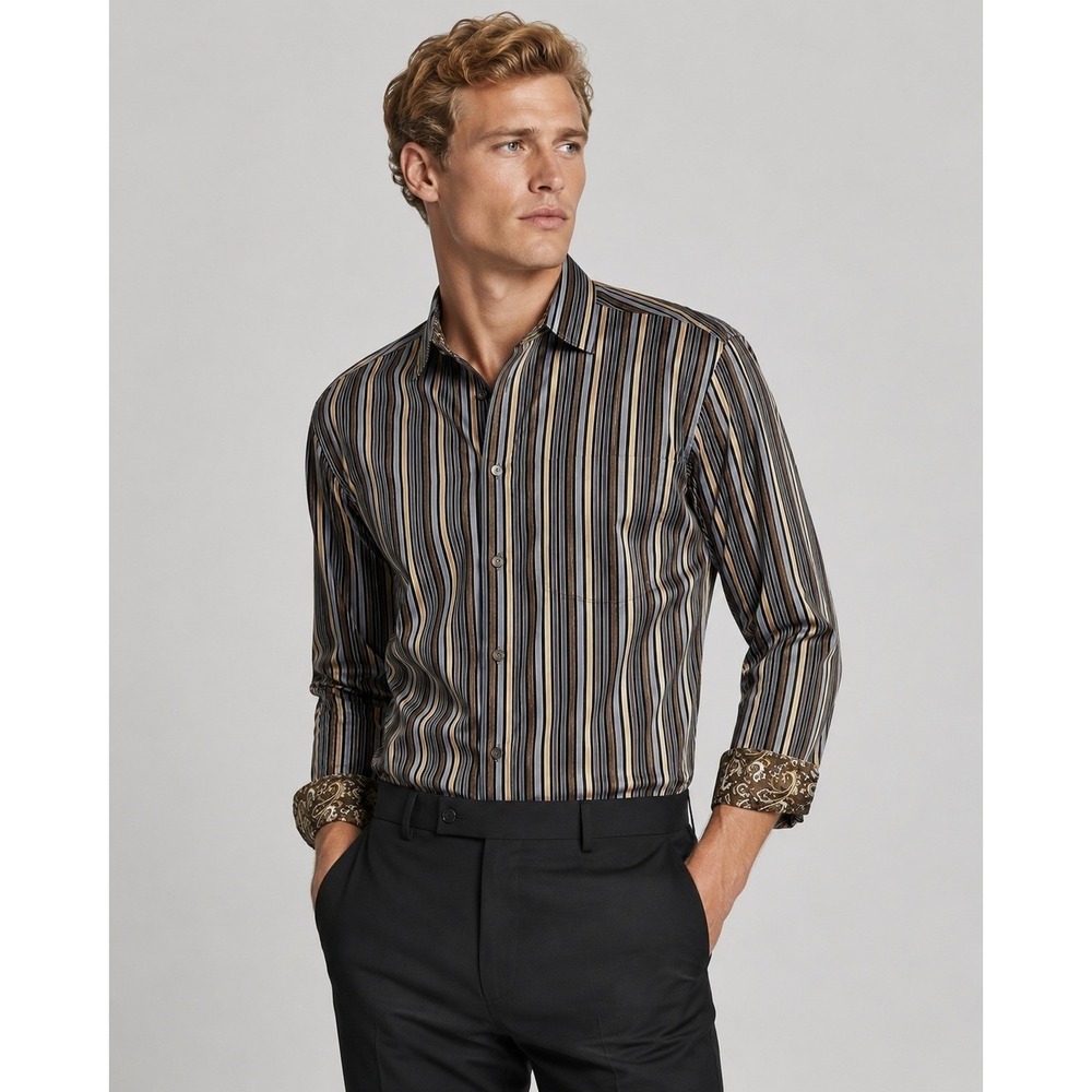 Bugatchi Uomo Mens Shaped Fit Striped Button M Shirt Paisley Cuffs Brown Gold